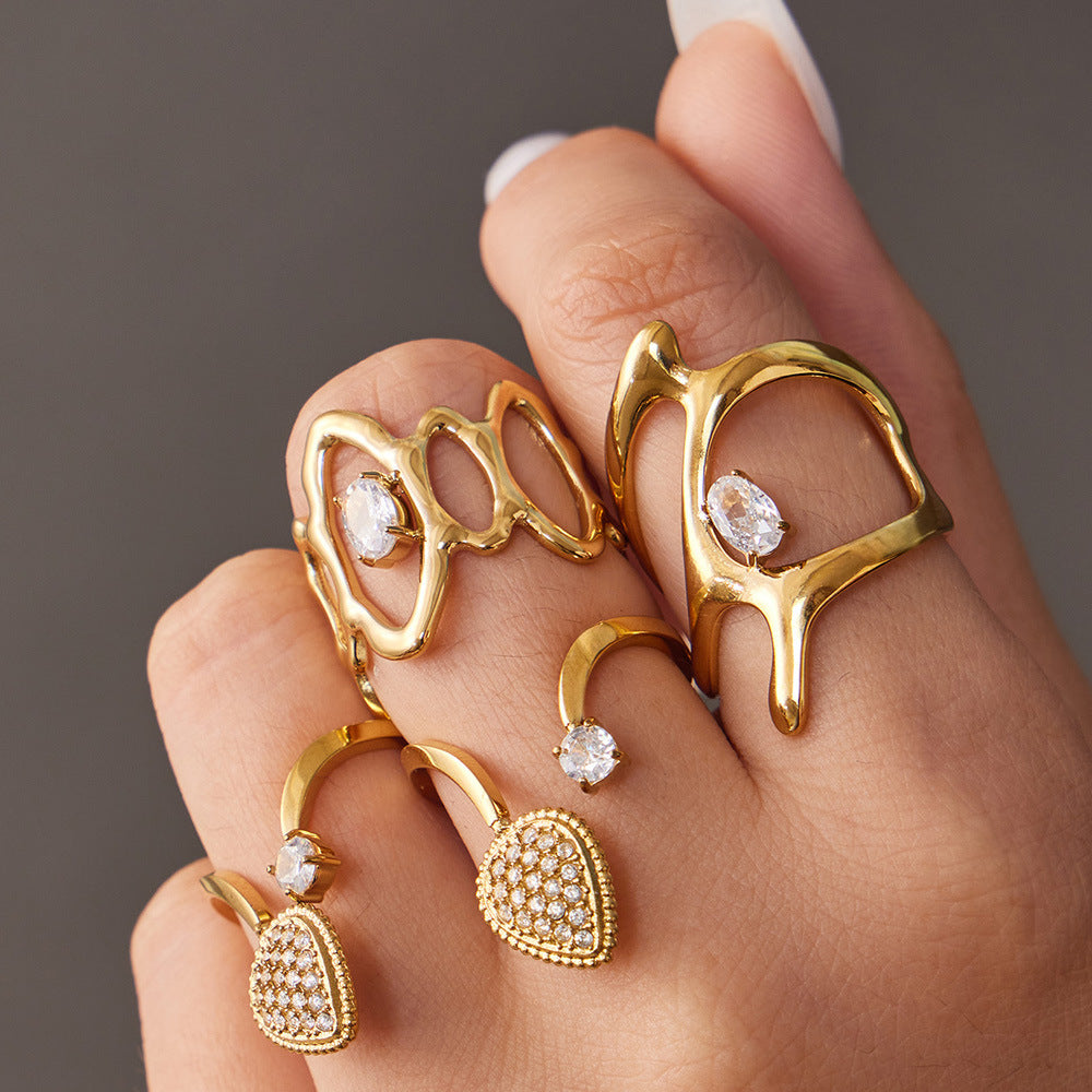 316L Stainless Steel 18K Gold PVD Love Heart Hollow Glass Stone Ring - 18K Gold Plated, Glass Stone, Love Heart Hollow, Niche Design Wholesale Stainless Steel Jewelry - Sensitive Skin Friendly - Detail 10
