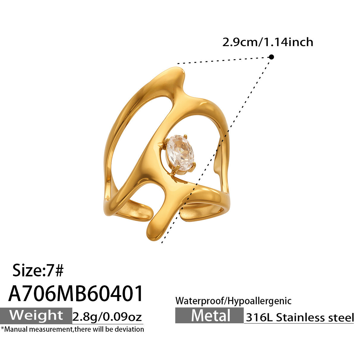 316L Stainless Steel 18K Gold PVD Love Heart Hollow Glass Stone Ring - 18K Gold Plated, Glass Stone, Love Heart Hollow, Niche Design Wholesale Stainless Steel Jewelry - Sensitive Skin Friendly - Detail 13