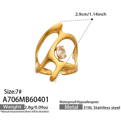 316L Stainless Steel 18K Gold PVD Love Heart Hollow Glass Stone Ring - 18K Gold Plated, Glass Stone, Love Heart Hollow, Niche Design Wholesale Stainless Steel Jewelry - Sensitive Skin Friendly - Detail 13