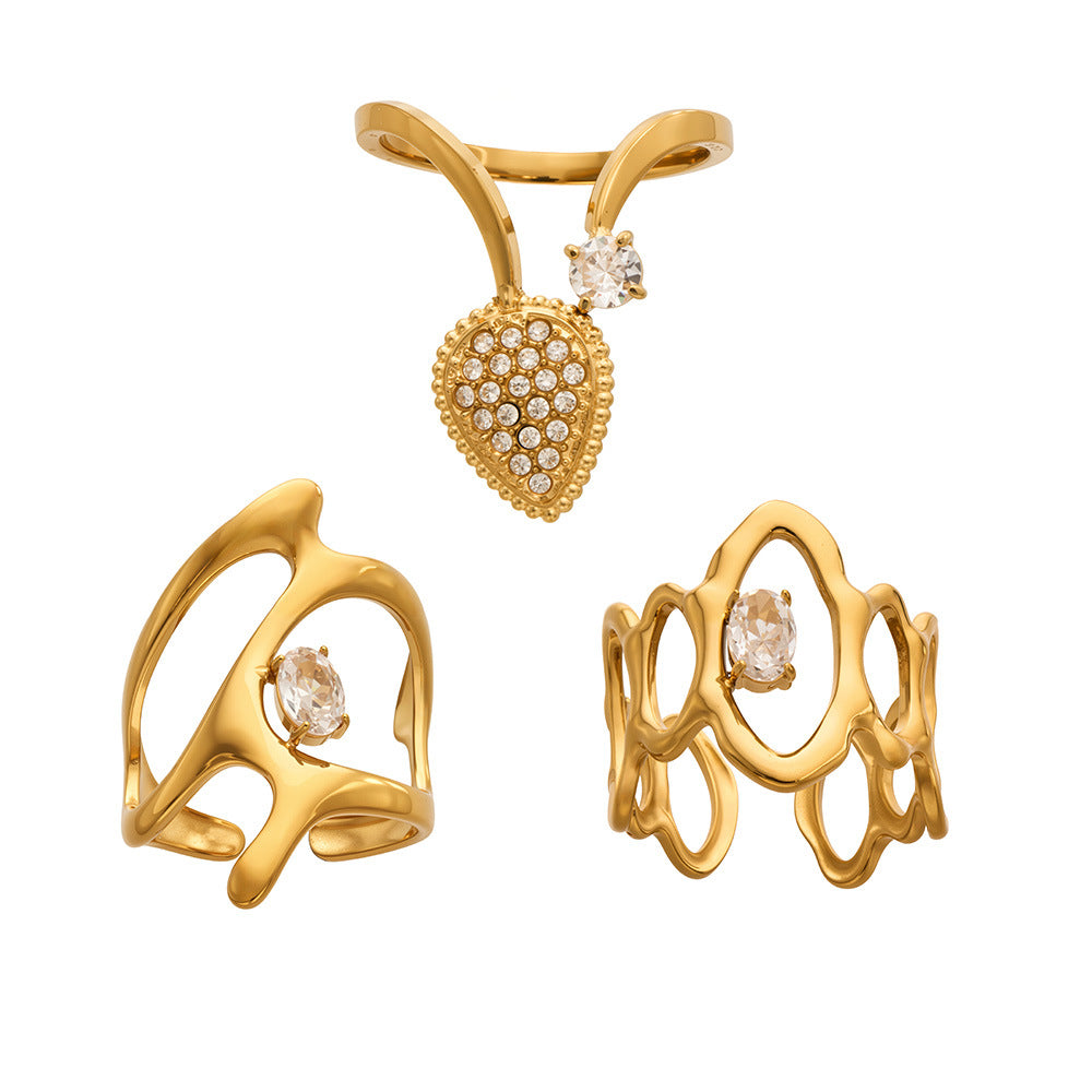 316L Stainless Steel 18K Gold PVD Love Heart Hollow Glass Stone Ring - 18K Gold Plated, Glass Stone, Love Heart Hollow, Niche Design Wholesale Stainless Steel Jewelry - Sensitive Skin Friendly - Detail 15