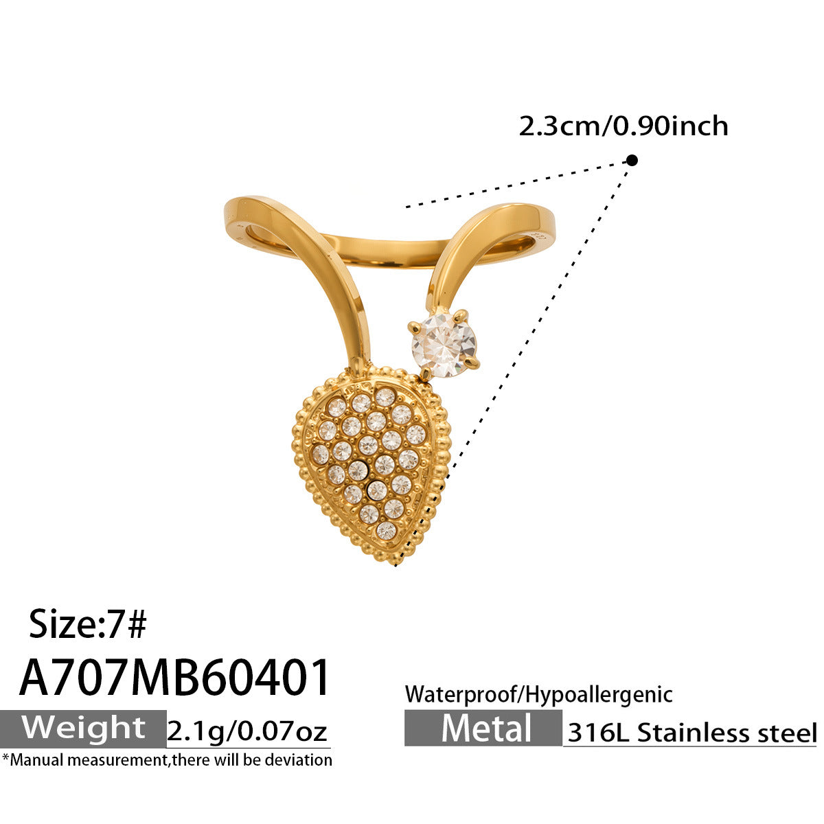 316L Stainless Steel 18K Gold PVD Love Heart Hollow Glass Stone Ring - 18K Gold Plated, Glass Stone, Love Heart Hollow, Niche Design Wholesale Stainless Steel Jewelry - Sensitive Skin Friendly - Detail 16
