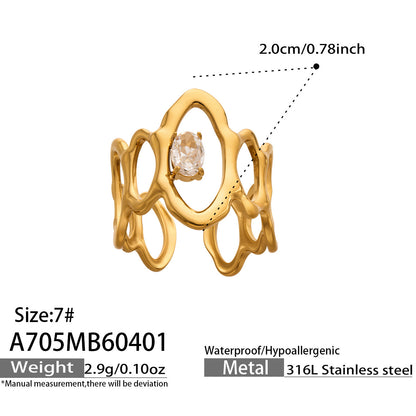 316L Stainless Steel 18K Gold PVD Love Heart Hollow Glass Stone Ring - 18K Gold Plated, Glass Stone, Love Heart Hollow, Niche Design Wholesale Stainless Steel Jewelry - Sensitive Skin Friendly 