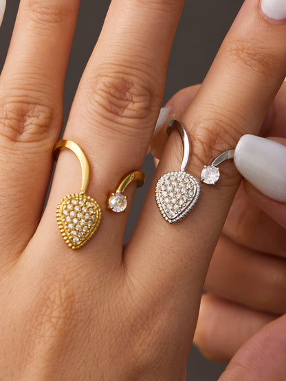 316L Stainless Steel 18K Gold PVD Love Heart Hollow Glass Stone Ring - 18K Gold Plated, Glass Stone, Love Heart Hollow, Niche Design Wholesale Stainless Steel Jewelry - Sensitive Skin Friendly - Detail 2