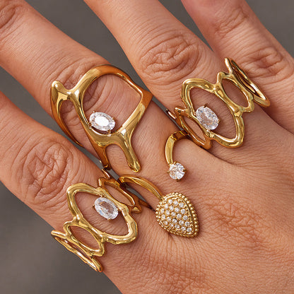 316L Stainless Steel 18K Gold PVD Love Heart Hollow Glass Stone Ring - 18K Gold Plated, Glass Stone, Love Heart Hollow, Niche Design Wholesale Stainless Steel Jewelry - Sensitive Skin Friendly - Detail 8