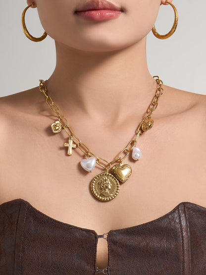 316L Stainless Steel 18K Gold PVD Love Heart Vintage Pearl Necklace Bracelet - Vintage Gold Love Heart Faux Pearl Wholesale Stainless Steel Jewelry - Sensitive Skin Friendly - Detail 10