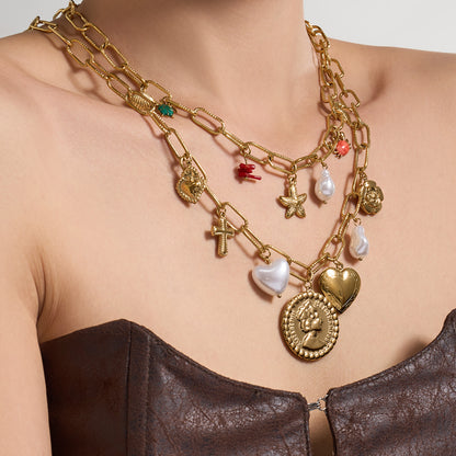 316L Stainless Steel 18K Gold PVD Love Heart Vintage Pearl Necklace Bracelet - Vintage Gold Love Heart Faux Pearl Wholesale Stainless Steel Jewelry - Sensitive Skin Friendly - Detail 12