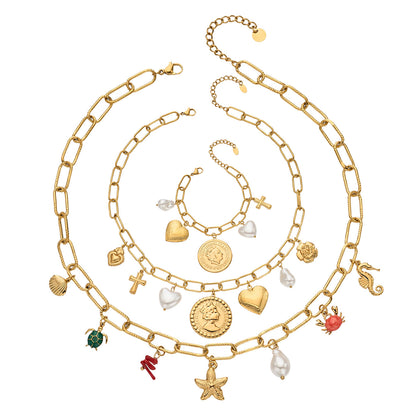 316L Stainless Steel 18K Gold PVD Love Heart Vintage Pearl Necklace Bracelet - Vintage Gold Love Heart Faux Pearl Wholesale Stainless Steel Jewelry - Sensitive Skin Friendly - Detail 13