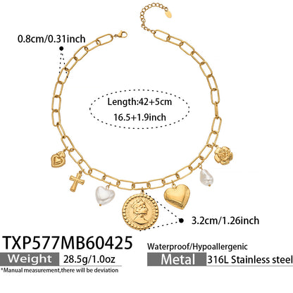 316L Stainless Steel 18K Gold PVD Love Heart Vintage Pearl Necklace Bracelet - Vintage Gold Love Heart Faux Pearl Wholesale Stainless Steel Jewelry - Sensitive Skin Friendly - Detail 15