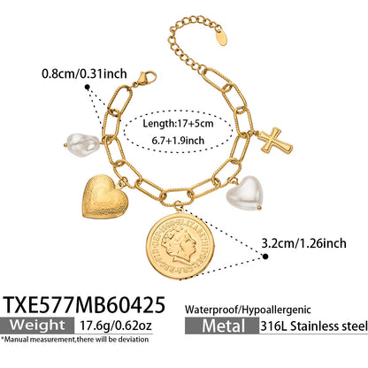 316L Stainless Steel 18K Gold PVD Love Heart Vintage Pearl Necklace Bracelet - Vintage Gold Love Heart Faux Pearl Wholesale Stainless Steel Jewelry - Sensitive Skin Friendly - Detail 16