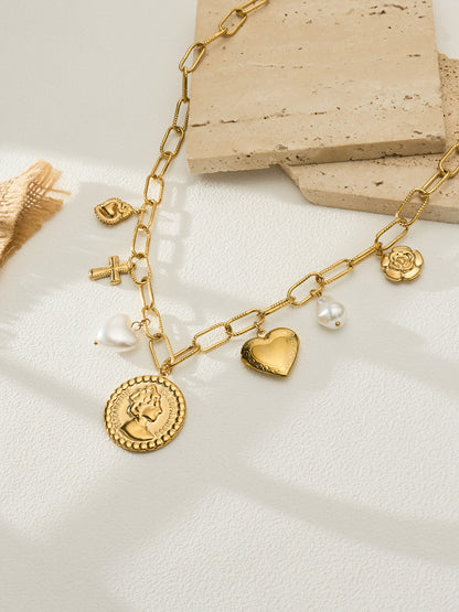 316L Stainless Steel 18K Gold PVD Love Heart Vintage Pearl Necklace Bracelet - Vintage Gold Love Heart Faux Pearl Wholesale Stainless Steel Jewelry - Sensitive Skin Friendly - Detail 2