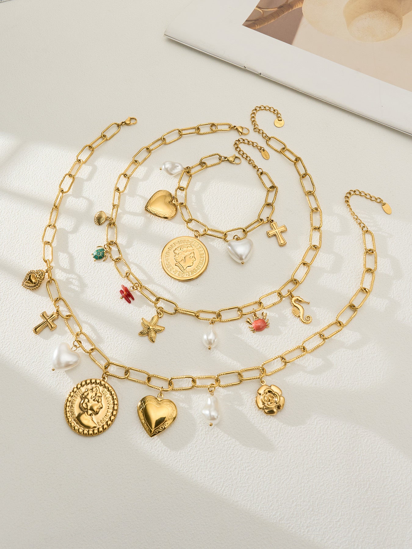 316L Stainless Steel 18K Gold PVD Love Heart Vintage Pearl Necklace Bracelet - Vintage Gold Love Heart Faux Pearl Wholesale Stainless Steel Jewelry - Sensitive Skin Friendly - Detail 3