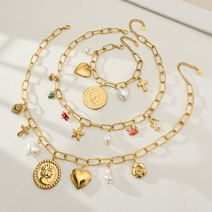 316L Stainless Steel 18K Gold PVD Love Heart Vintage Pearl Necklace Bracelet - Vintage Gold Love Heart Faux Pearl Wholesale Stainless Steel Jewelry - Sensitive Skin Friendly - Detail 5