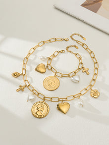 316L Stainless Steel 18K Gold PVD Love Heart Vintage Pearl Necklace Bracelet - Vintage Gold Love Heart Faux Pearl Wholesale Stainless Steel Jewelry - Sensitive Skin Friendly - Detail 6