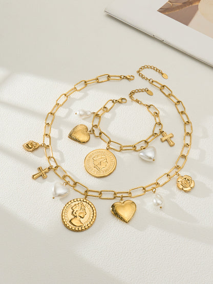 316L Stainless Steel 18K Gold PVD Love Heart Vintage Pearl Necklace Bracelet - Vintage Gold Love Heart Faux Pearl Wholesale Stainless Steel Jewelry - Sensitive Skin Friendly - Detail 6