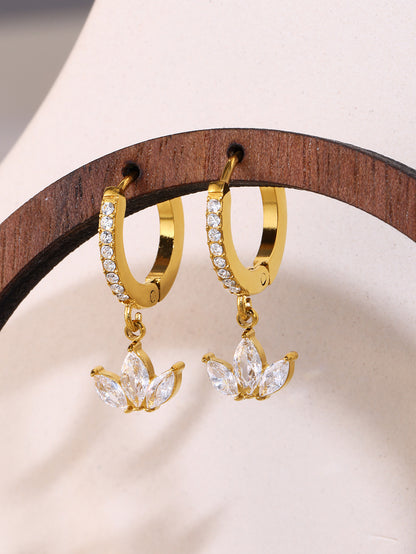 316L Stainless Steel 18K Gold PVD Micro Paved Clover Zircon Earrings - Micro Paved Clover Zircon Gold Earrings Wholesale Stainless Steel Jewelry - Sensitive Skin Friendly - Detail 1