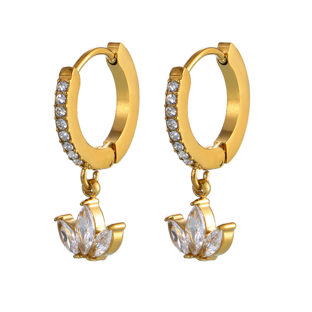 316L Stainless Steel 18K Gold PVD Micro Paved Clover Zircon Earrings - Micro Paved Clover Zircon Gold Earrings Wholesale Stainless Steel Jewelry - Sensitive Skin Friendly - Detail 11