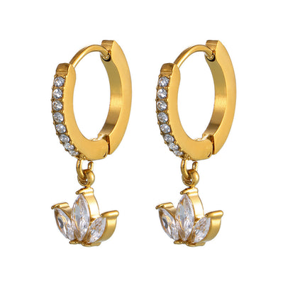 316L Stainless Steel 18K Gold PVD Micro Paved Clover Zircon Earrings - Micro Paved Clover Zircon Gold Earrings Wholesale Stainless Steel Jewelry - Sensitive Skin Friendly - Detail 11