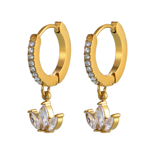 316L Stainless Steel 18K Gold PVD Micro Paved Clover Zircon Earrings - Micro Paved Clover Zircon Gold Earrings Wholesale Stainless Steel Jewelry - Sensitive Skin Friendly - Detail 11