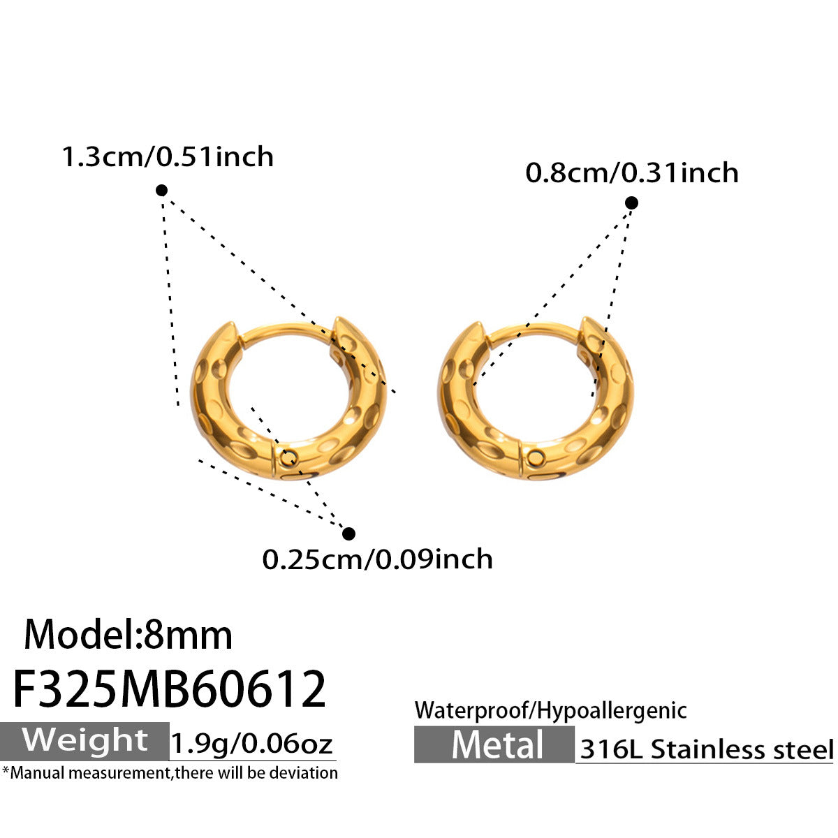 316L Stainless Steel 18K Gold PVD Minimalist Hammered Hoop Earrings - Minimalist Hammered Hoop, Gold Accent, Modern Design Wholesale Stainless Steel Jewelry - Sensitive Skin Friendly - Detail 1