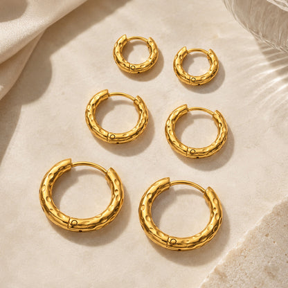 316L Stainless Steel 18K Gold PVD Minimalist Hammered Hoop Earrings - Minimalist Hammered Hoop, Gold Accent, Modern Design Wholesale Stainless Steel Jewelry - Sensitive Skin Friendly - Detail 13