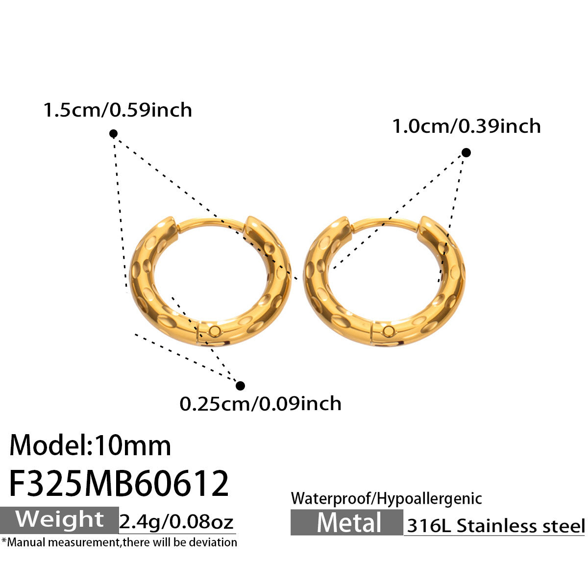 316L Stainless Steel 18K Gold PVD Minimalist Hammered Hoop Earrings - Minimalist Hammered Hoop, Gold Accent, Modern Design Wholesale Stainless Steel Jewelry - Sensitive Skin Friendly - Detail 14