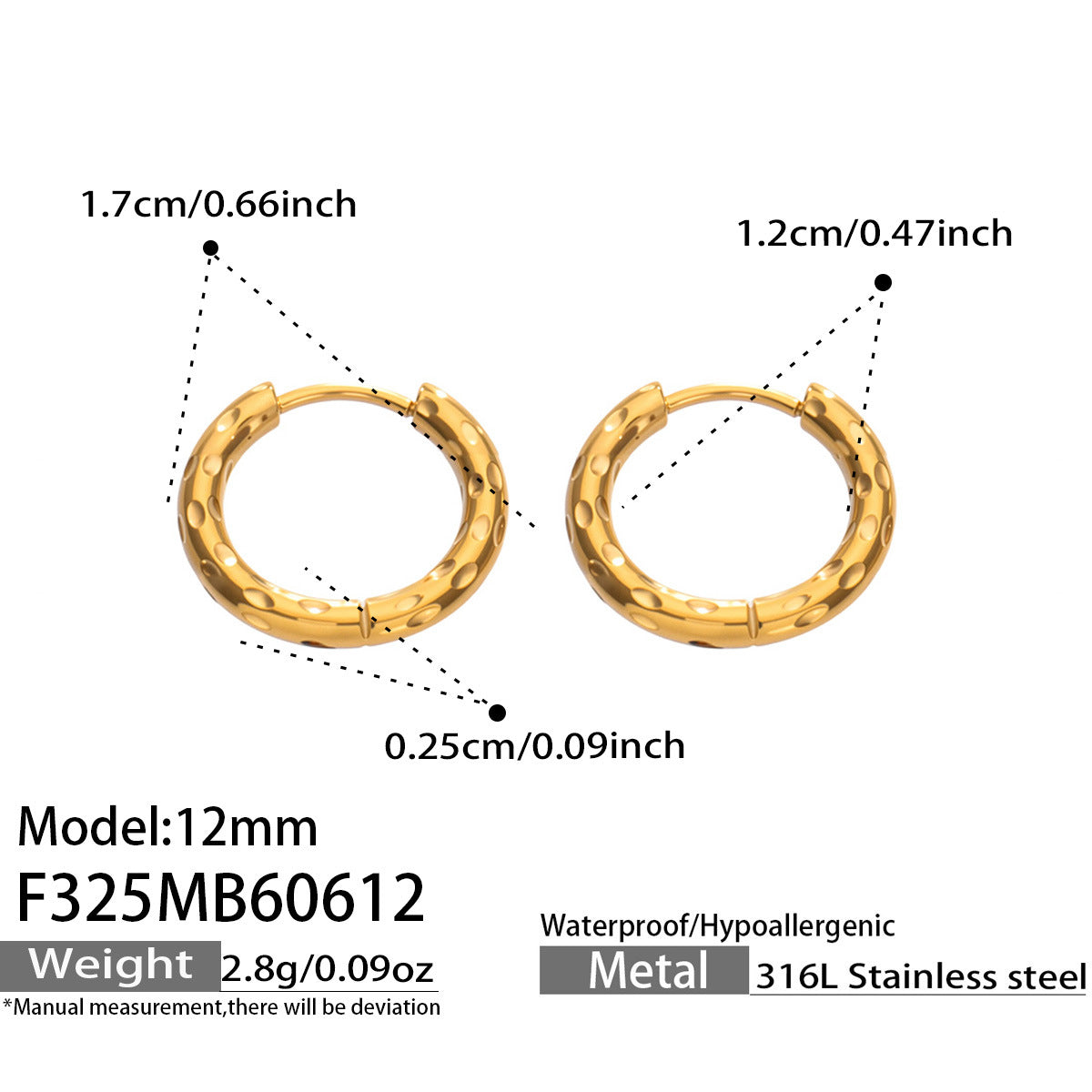 316L Stainless Steel 18K Gold PVD Minimalist Hammered Hoop Earrings - Minimalist Hammered Hoop, Gold Accent, Modern Design Wholesale Stainless Steel Jewelry - Sensitive Skin Friendly - Detail 7