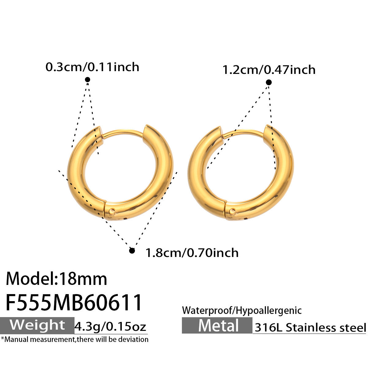 316L Stainless Steel 18K Gold PVD Minimalist Hoop Earrings - Minimalist Hoop Stylish Earrings Wholesale Stainless Steel Jewelry - Sensitive Skin Friendly - Detail 17