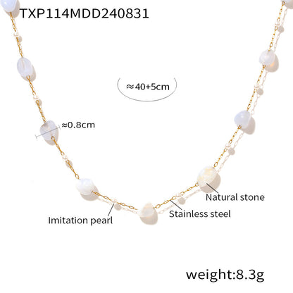 316L Stainless Steel 18K Gold PVD Minimalist Natural Stone & Imitation Pearl Necklace - Minimalist, Natural Stone, Imitation Pearl, Gold PVD, Clavicle Necklace Wholesale Stainless Steel Jewelry - Sensitive Skin Friendly - Detail 2
