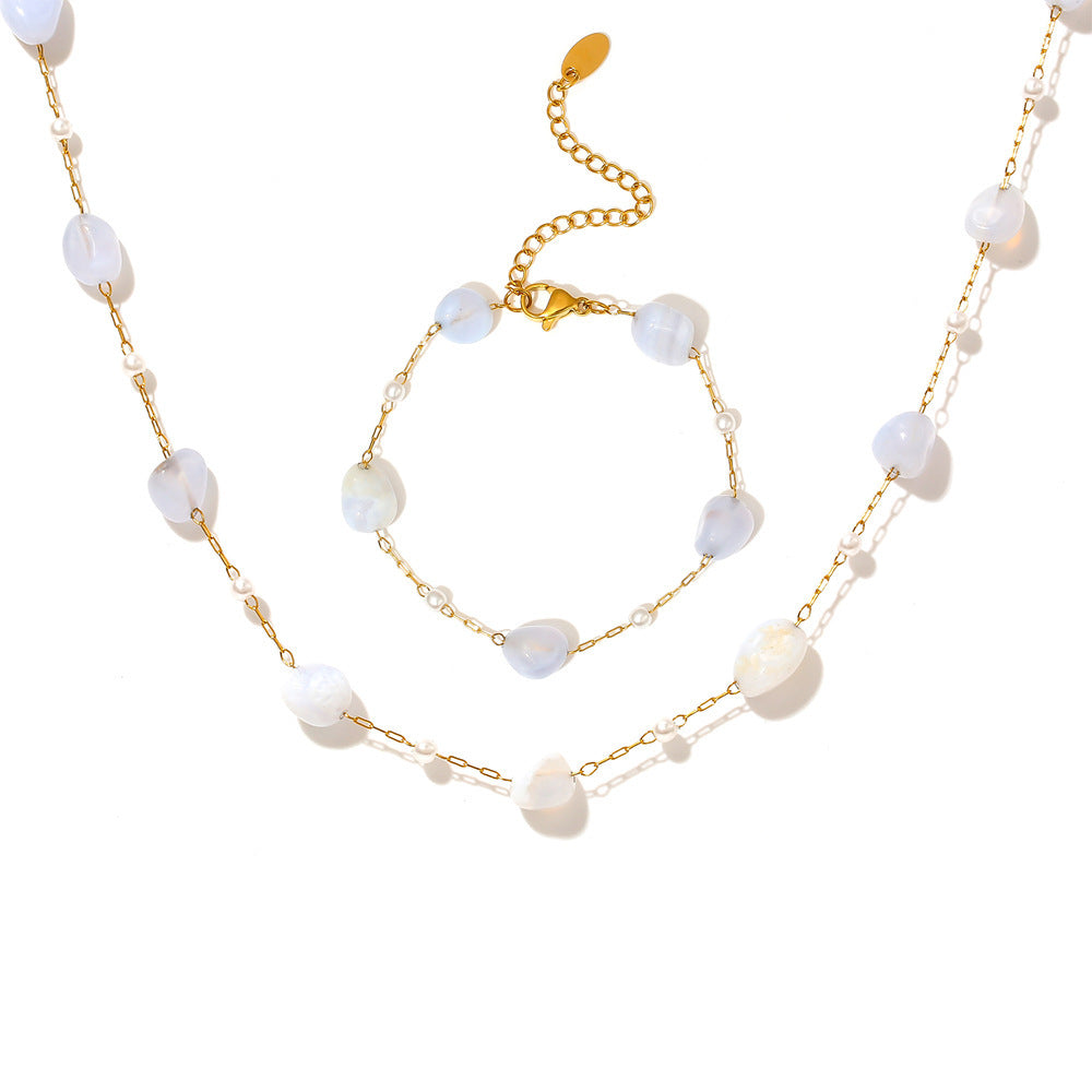 316L Stainless Steel 18K Gold PVD Minimalist Natural Stone & Imitation Pearl Necklace - Minimalist, Natural Stone, Imitation Pearl, Gold PVD, Clavicle Necklace Wholesale Stainless Steel Jewelry - Sensitive Skin Friendly - Detail 3