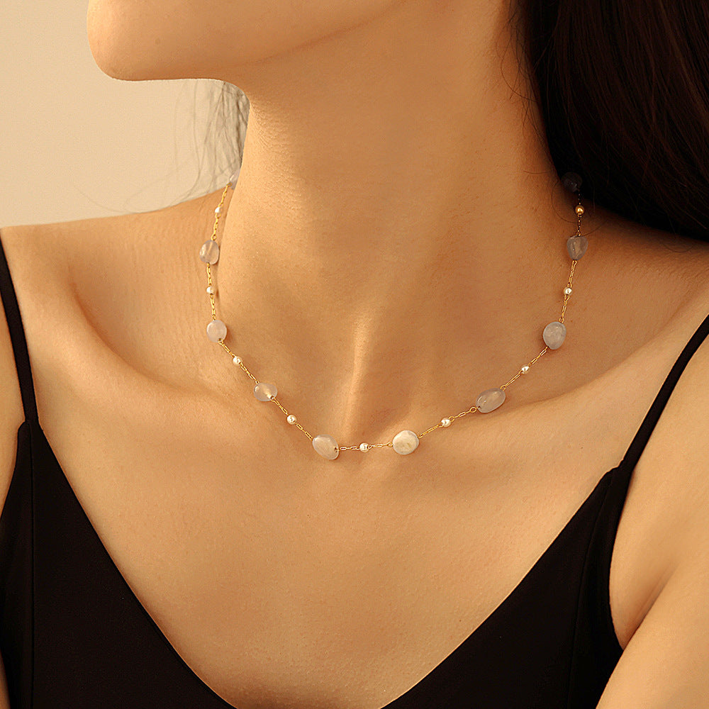 316L Stainless Steel 18K Gold PVD Minimalist Natural Stone & Imitation Pearl Necklace - Minimalist, Natural Stone, Imitation Pearl, Gold PVD, Clavicle Necklace Wholesale Stainless Steel Jewelry - Sensitive Skin Friendly - Detail 5