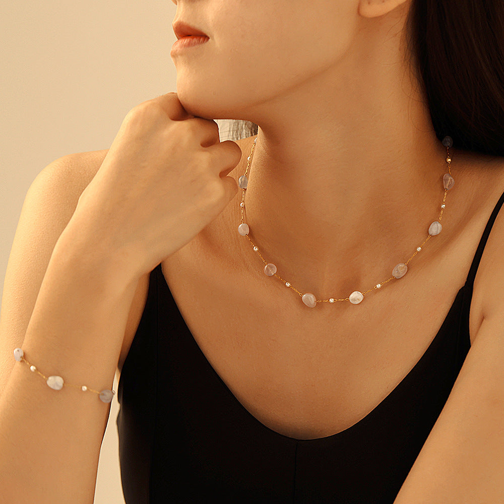 316L Stainless Steel 18K Gold PVD Minimalist Natural Stone & Imitation Pearl Necklace - Minimalist, Natural Stone, Imitation Pearl, Gold PVD, Clavicle Necklace Wholesale Stainless Steel Jewelry - Sensitive Skin Friendly - Detail 6