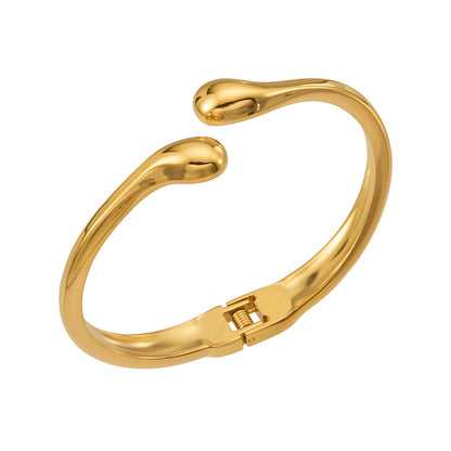 316L Stainless Steel 18K Gold PVD Minimalist Smooth Waterdrop Open Bangle - Minimalist Waterdrop Smooth Open Bangle Wholesale Stainless Steel Jewelry - Sensitive Skin Friendly - Detail 2