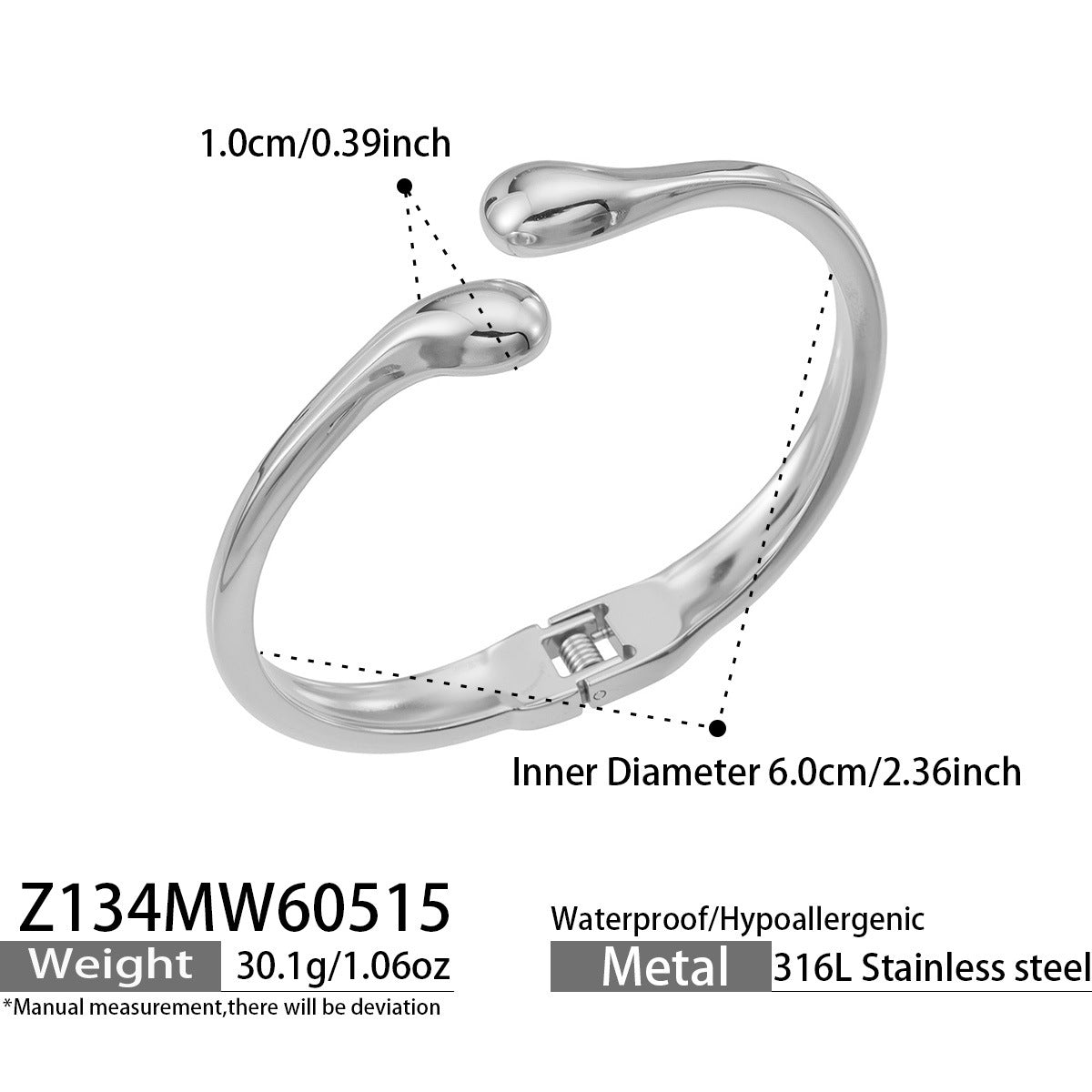 316L Stainless Steel 18K Gold PVD Minimalist Smooth Waterdrop Open Bangle - Minimalist Waterdrop Smooth Open Bangle Wholesale Stainless Steel Jewelry - Sensitive Skin Friendly - Detail 3