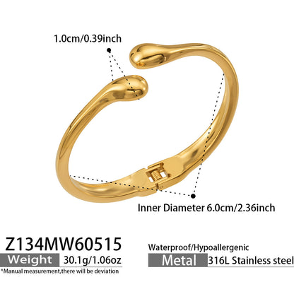316L Stainless Steel 18K Gold PVD Minimalist Smooth Waterdrop Open Bangle - Minimalist Waterdrop Smooth Open Bangle Wholesale Stainless Steel Jewelry - Sensitive Skin Friendly - Detail 6
