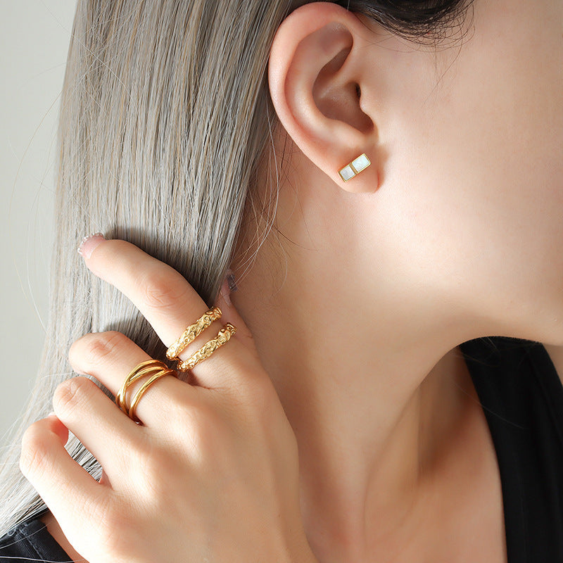 316L Stainless Steel 18K Gold PVD Minimalist Square White Seashell Stud Earrings - Minimalist, Coastal Design, Square, White Seashell, Stud Earrings, Gold, Hypoallergenic Wholesale Stainless Steel Jewelry - Sensitive Skin Friendly - Detail 3