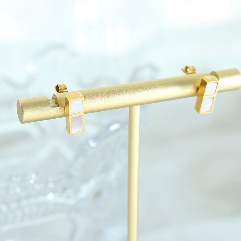 316L Stainless Steel 18K Gold PVD Minimalist Square White Seashell Stud Earrings - Minimalist, Coastal Design, Square, White Seashell, Stud Earrings, Gold, Hypoallergenic Wholesale Stainless Steel Jewelry - Sensitive Skin Friendly - Detail 4