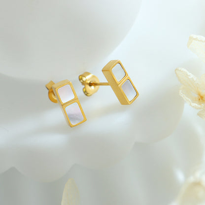 316L Stainless Steel 18K Gold PVD Minimalist Square White Seashell Stud Earrings - Minimalist, Coastal Design, Square, White Seashell, Stud Earrings, Gold, Hypoallergenic Wholesale Stainless Steel Jewelry - Sensitive Skin Friendly - Detail 5