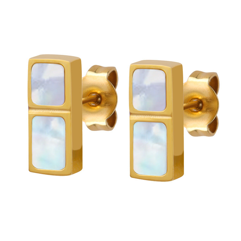 316L Stainless Steel 18K Gold PVD Minimalist Square White Seashell Stud Earrings - Minimalist, Coastal Design, Square, White Seashell, Stud Earrings, Gold, Hypoallergenic Wholesale Stainless Steel Jewelry - Sensitive Skin Friendly - Detail 6