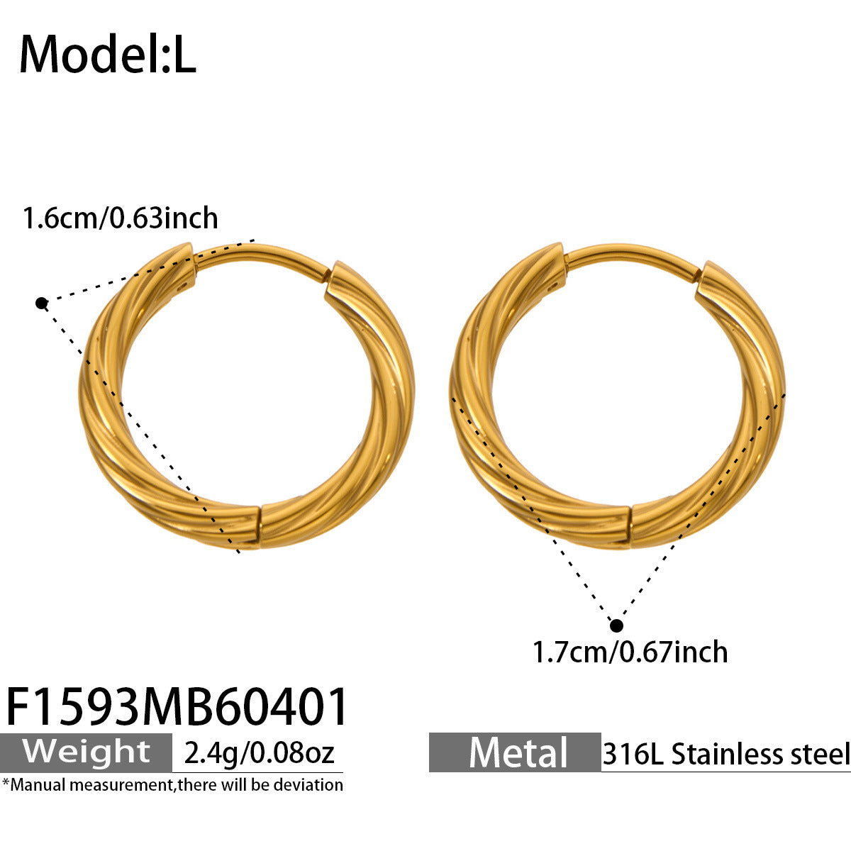 316L Stainless Steel 18K Gold PVD Minimalist Twisted Round Earrings - Twisted Round Hoop, Minimalist, Elegant, Steel, Gold Wholesale Stainless Steel Jewelry - Sensitive Skin Friendly - Detail 12