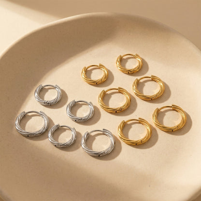 316L Stainless Steel 18K Gold PVD Minimalist Twisted Round Earrings - Twisted Round Hoop, Minimalist, Elegant, Steel, Gold Wholesale Stainless Steel Jewelry - Sensitive Skin Friendly - Detail 6