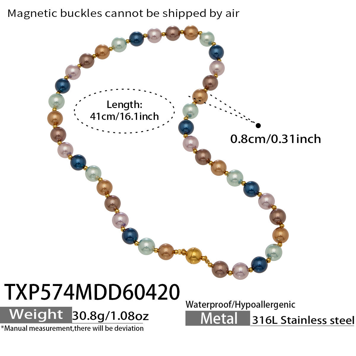 316L Stainless Steel 18K Gold PVD Mixed Color Pearl & Cat's Eye Stone Beaded Charm Necklace - Mixed Color Pearl, Cat's Eye Stone, Beaded, Charm, Modern, Elegant Wholesale Stainless Steel Jewelry - Sensitive Skin Friendly - Detail 1