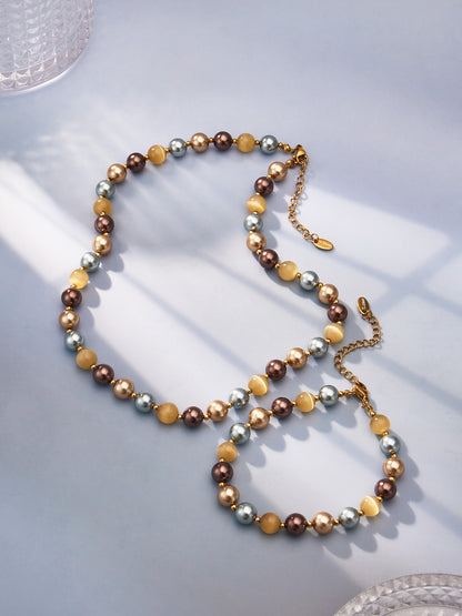 316L Stainless Steel 18K Gold PVD Mixed Color Pearl & Cat's Eye Stone Beaded Charm Necklace - Mixed Color Pearl, Cat's Eye Stone, Beaded, Charm, Modern, Elegant Wholesale Stainless Steel Jewelry - Sensitive Skin Friendly - Detail 13