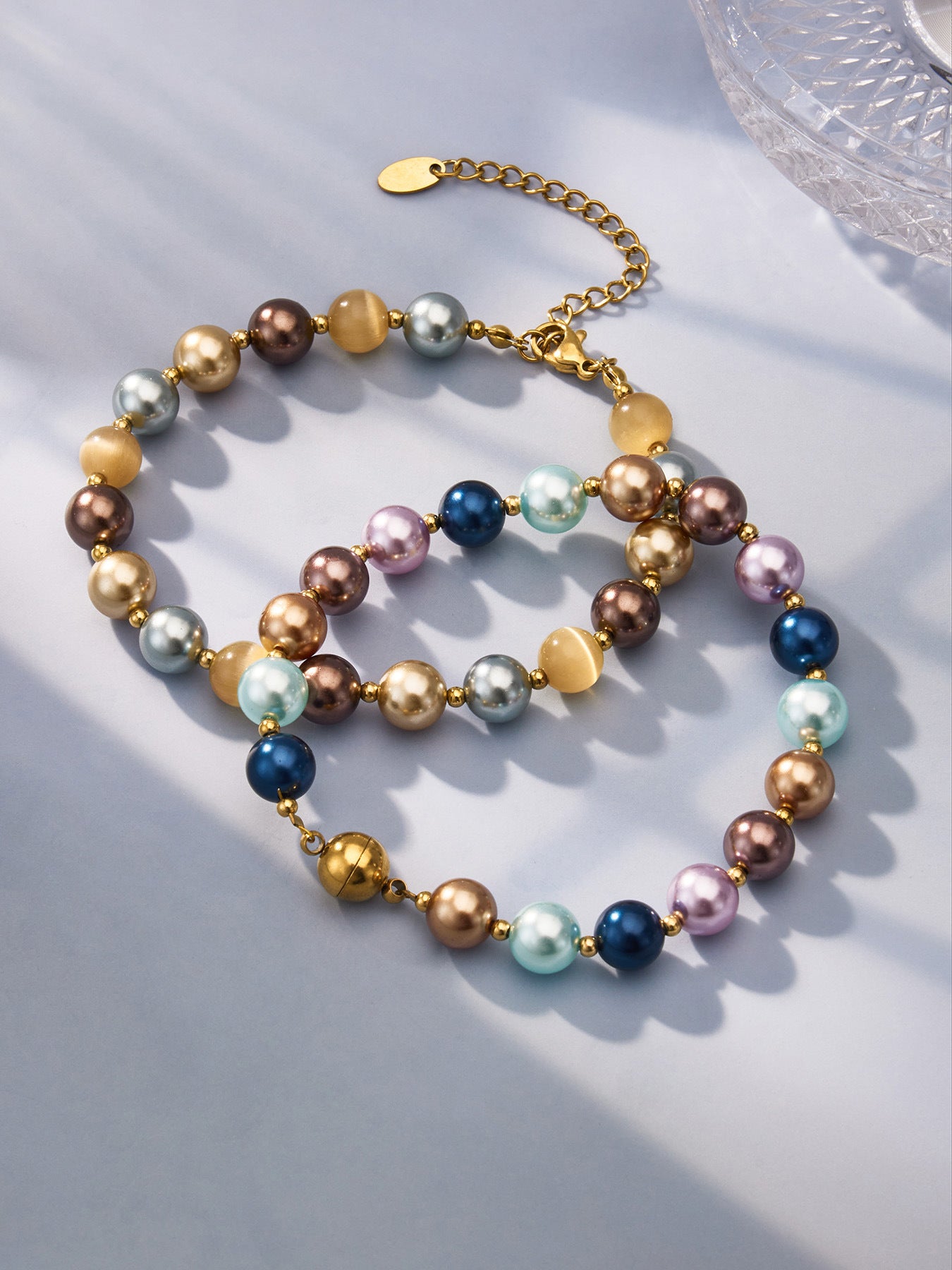 316L Stainless Steel 18K Gold PVD Mixed Color Pearl & Cat's Eye Stone Beaded Charm Necklace - Mixed Color Pearl, Cat's Eye Stone, Beaded, Charm, Modern, Elegant Wholesale Stainless Steel Jewelry - Sensitive Skin Friendly - Detail 14