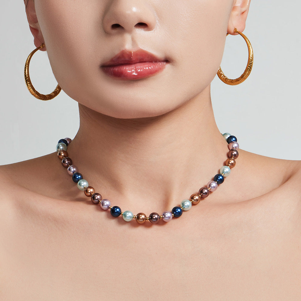 316L Stainless Steel 18K Gold PVD Mixed Color Pearl & Cat's Eye Stone Beaded Charm Necklace - Mixed Color Pearl, Cat's Eye Stone, Beaded, Charm, Modern, Elegant Wholesale Stainless Steel Jewelry - Sensitive Skin Friendly - Detail 15