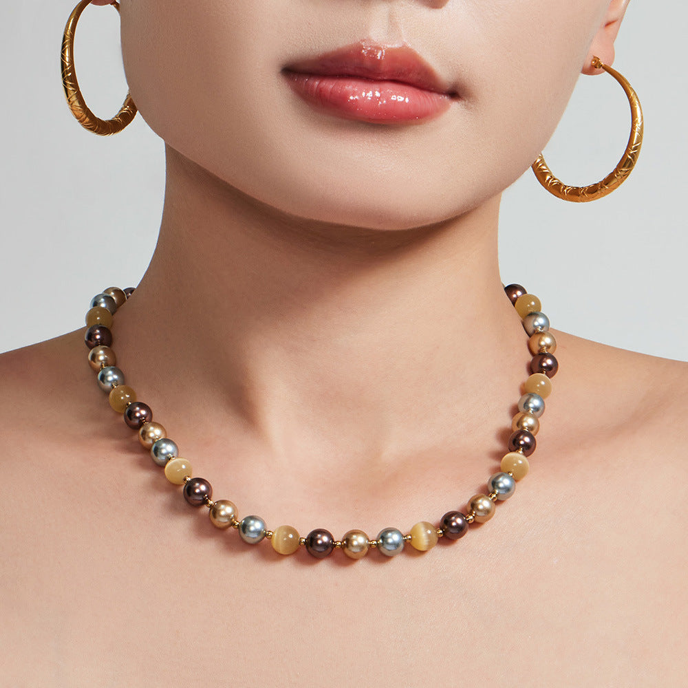 316L Stainless Steel 18K Gold PVD Mixed Color Pearl & Cat's Eye Stone Beaded Charm Necklace - Mixed Color Pearl, Cat's Eye Stone, Beaded, Charm, Modern, Elegant Wholesale Stainless Steel Jewelry - Sensitive Skin Friendly - Detail 16