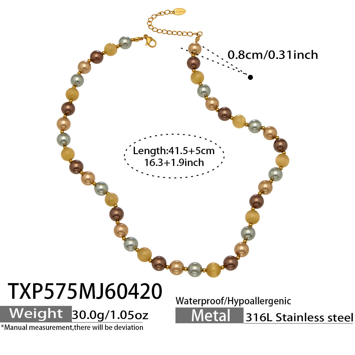 316L Stainless Steel 18K Gold PVD Mixed Color Pearl & Cat's Eye Stone Beaded Charm Necklace - Mixed Color Pearl, Cat's Eye Stone, Beaded, Charm, Modern, Elegant Wholesale Stainless Steel Jewelry - Sensitive Skin Friendly - Detail 3