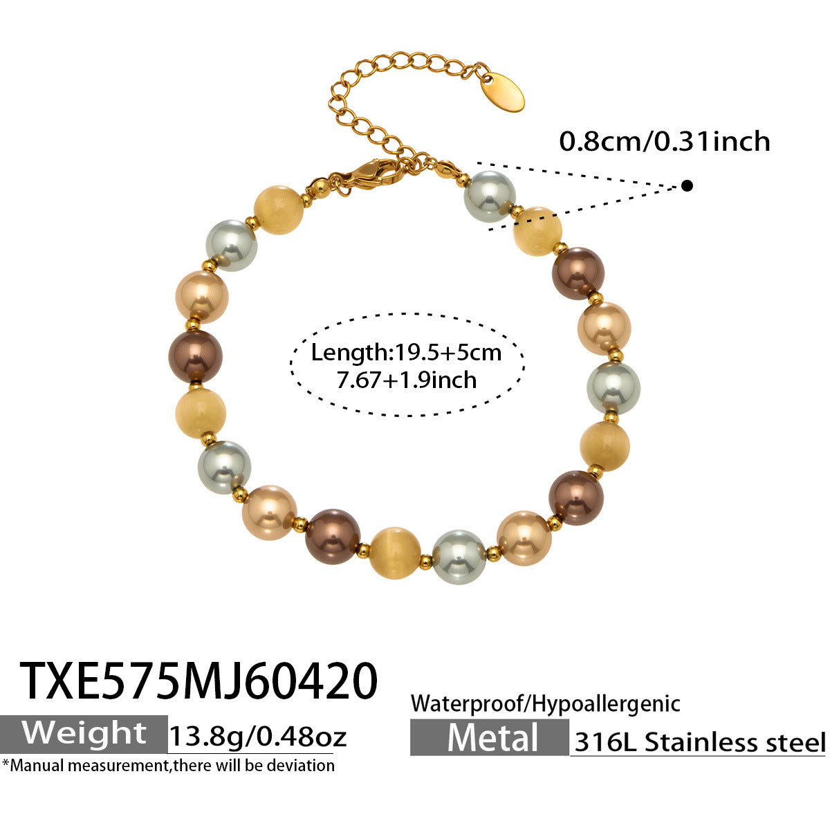 316L Stainless Steel 18K Gold PVD Mixed Color Pearl & Cat's Eye Stone Beaded Charm Necklace - Mixed Color Pearl, Cat's Eye Stone, Beaded, Charm, Modern, Elegant Wholesale Stainless Steel Jewelry - Sensitive Skin Friendly - Detail 4