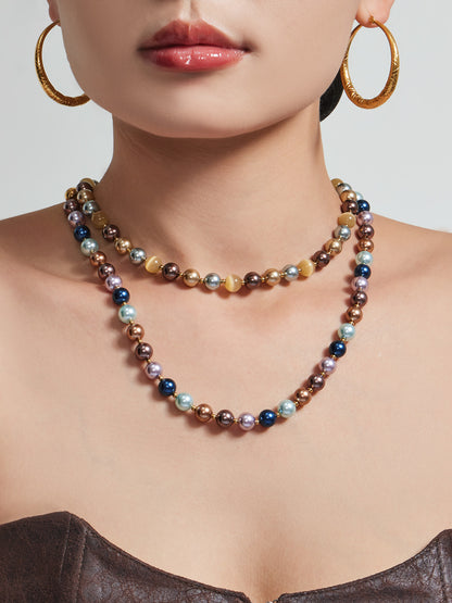 316L Stainless Steel 18K Gold PVD Mixed Color Pearl & Cat's Eye Stone Beaded Charm Necklace - Mixed Color Pearl, Cat's Eye Stone, Beaded, Charm, Modern, Elegant Wholesale Stainless Steel Jewelry - Sensitive Skin Friendly - Detail 5