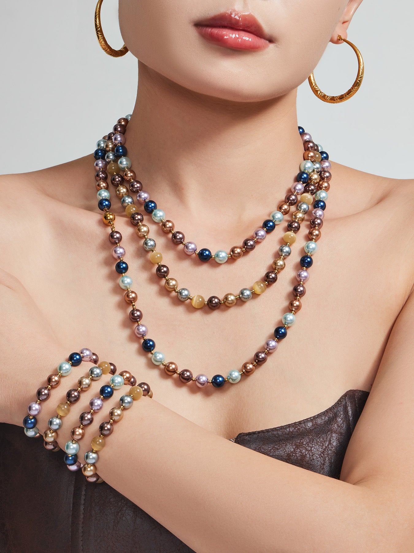 316L Stainless Steel 18K Gold PVD Mixed Color Pearl & Cat's Eye Stone Beaded Charm Necklace - Mixed Color Pearl, Cat's Eye Stone, Beaded, Charm, Modern, Elegant Wholesale Stainless Steel Jewelry - Sensitive Skin Friendly - Detail 6