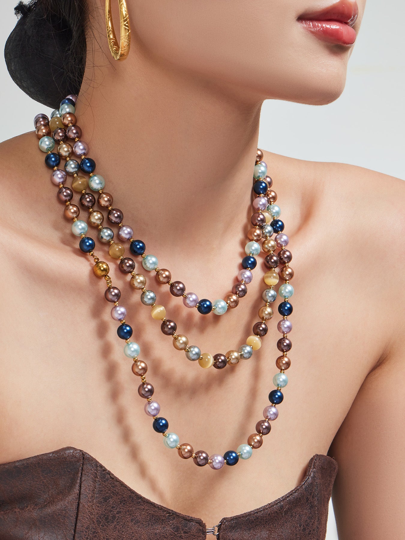 316L Stainless Steel 18K Gold PVD Mixed Color Pearl & Cat's Eye Stone Beaded Charm Necklace - Mixed Color Pearl, Cat's Eye Stone, Beaded, Charm, Modern, Elegant Wholesale Stainless Steel Jewelry - Sensitive Skin Friendly - Detail 7